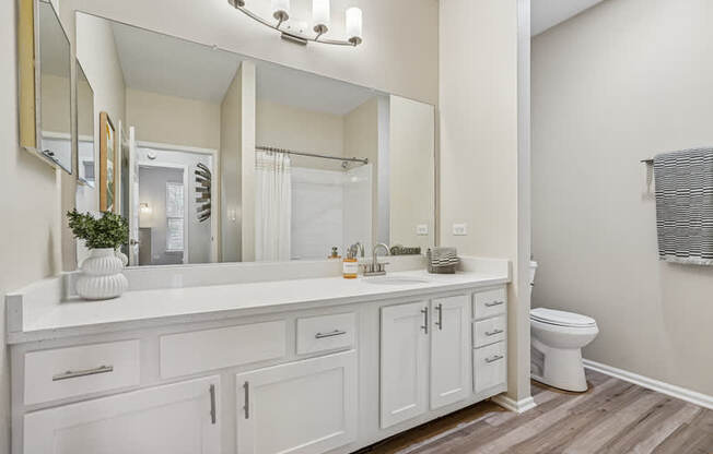 A white bathroom with a toilet and a vanity.