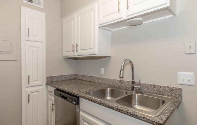 Modern kitchen featuring white cabinets, a granite countertop with double sinks, a stainless steel dishwasher, and a sleek faucet. The walls are painted in a neutral color, and there is a nearby wall with a pantry door.