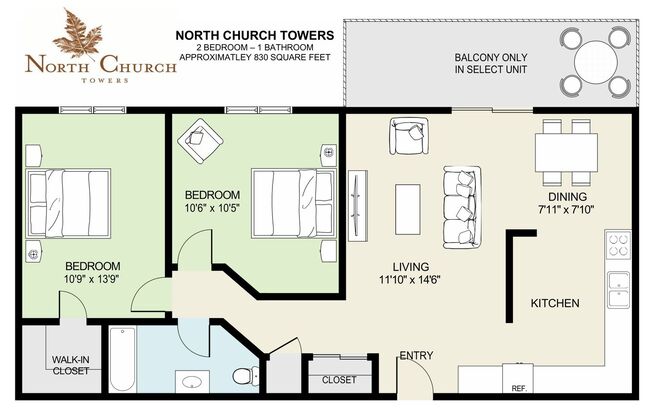 2 beds, 1 bath, 830 sqft, $1,050, Unit 2-601