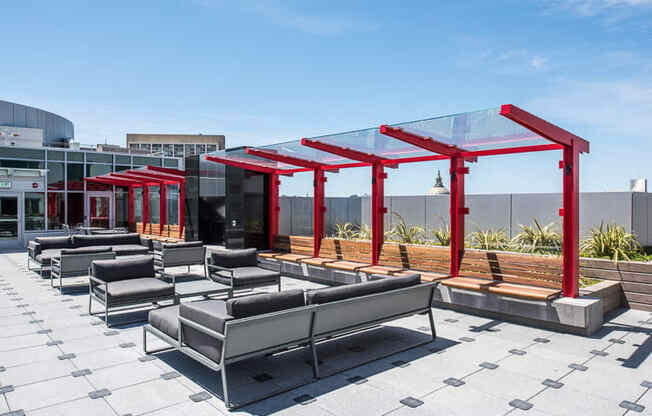 a rendering of the rooftop seating area on the second floor of the building