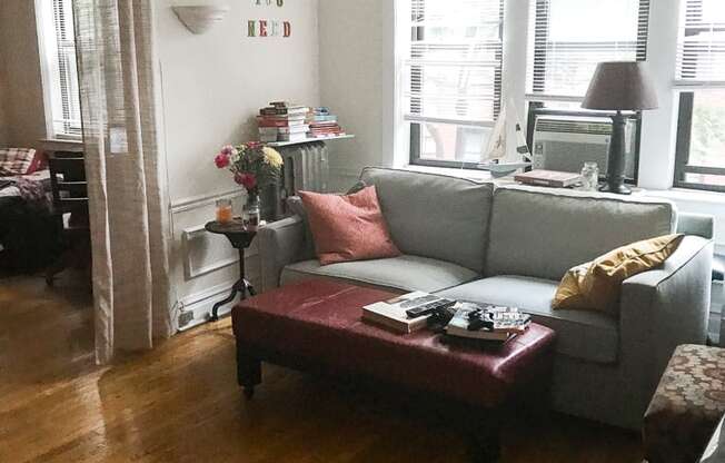 a living room with a couch and a coffee table