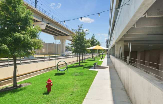 a grassy area between two buildings with a red fire hydrant