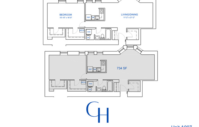 1 bed, 1 bath, 734 sqft, $1,894, Unit A-007