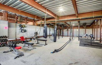 A gym with a variety of equipment including weights and benches.