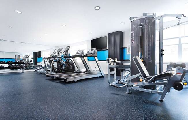 a large fitness gym with cardio equipment and a large window