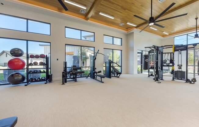 the home has a gym with plenty of windows and a large floor to ceiling windows