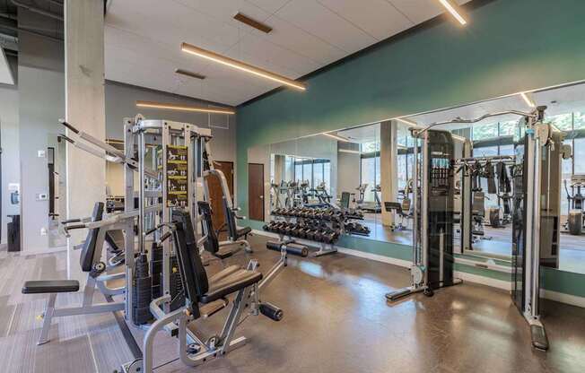 A gym with a variety of equipment including a squat rack, a leg press machine, and a bench press.