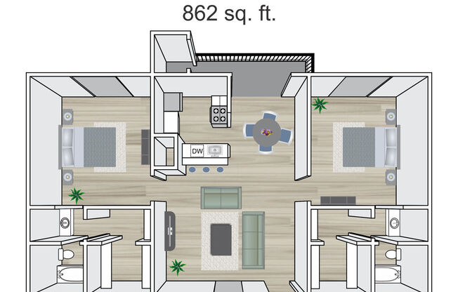 2 beds, 2 baths, 862 sqft, $938
