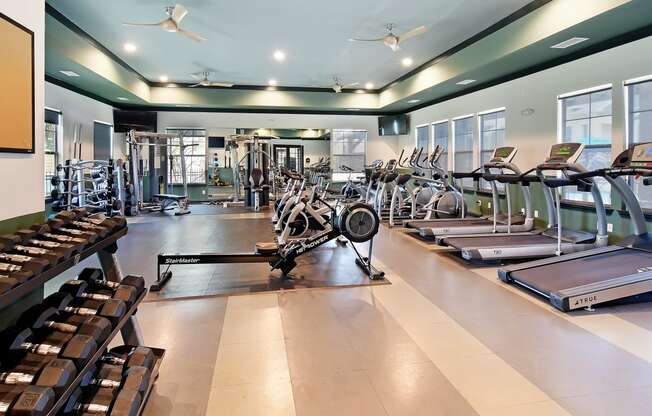 a gym with cardio equipment and weights on the floor