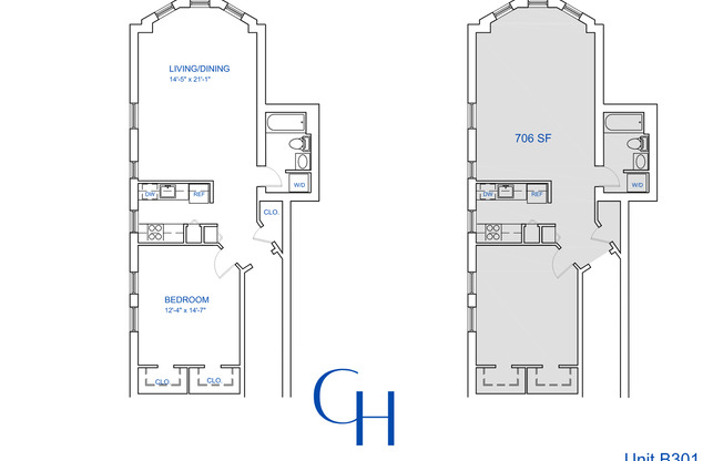 1 bed, 1 bath, 702 sqft, $1,889, Unit B-301
