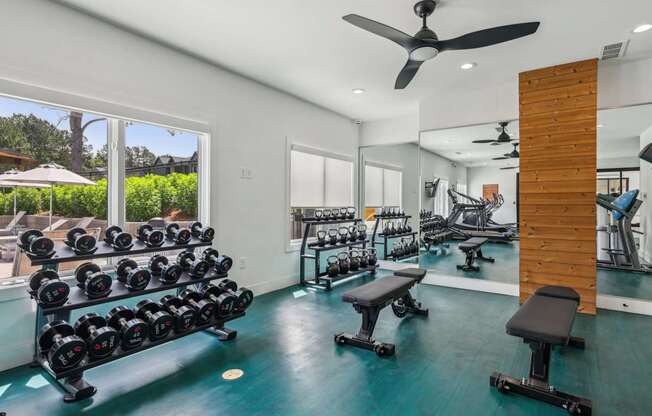A gym with a row of dumbbells on the left and a mirrored wall on the right.