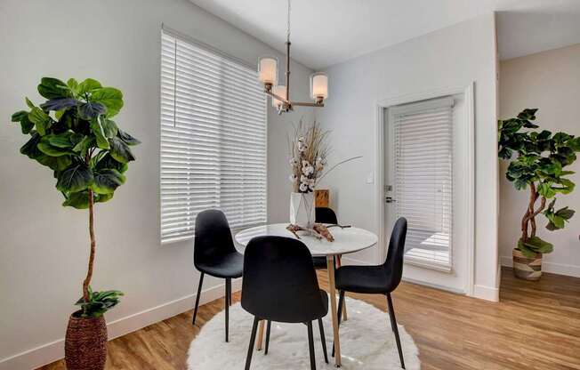 A dining room with a table, chairs, and a potted plant.