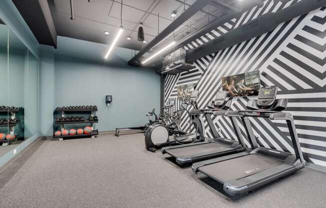 Treadmills in a gym with free weights