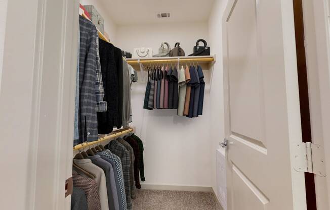 a walk in closet with clothes hanging on a rack and a door