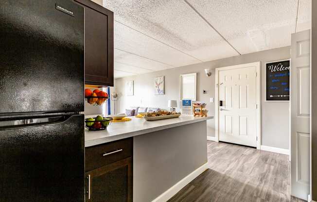 A kitchen with a black fridge and a white door.