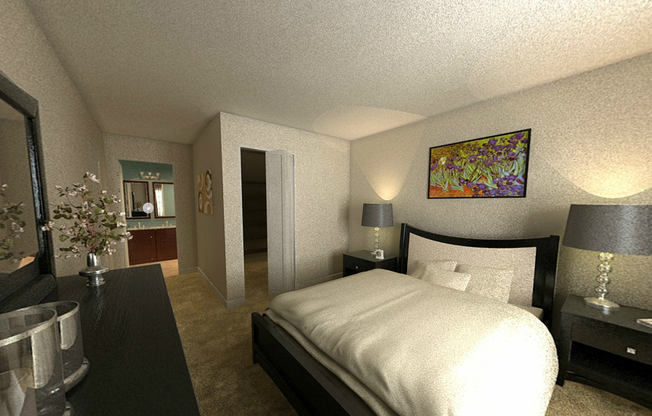 Bedroom in an apartment furnished with a queen-size bed, two nightstands, carpet flooring, and a high ceiling.