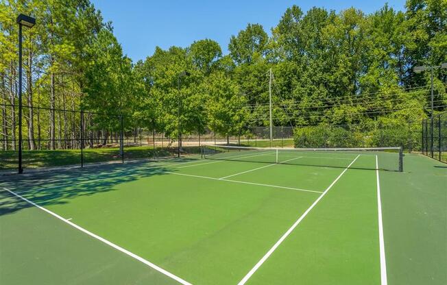 a tennis court with trees in the background on a clear day