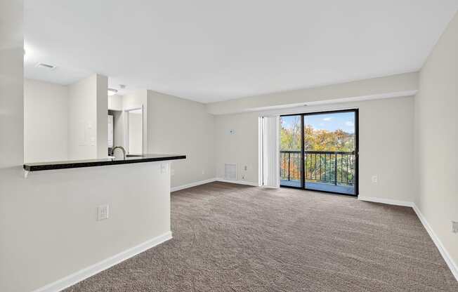 A spacious room with a carpeted floor and a sliding glass door leading to a balcony.