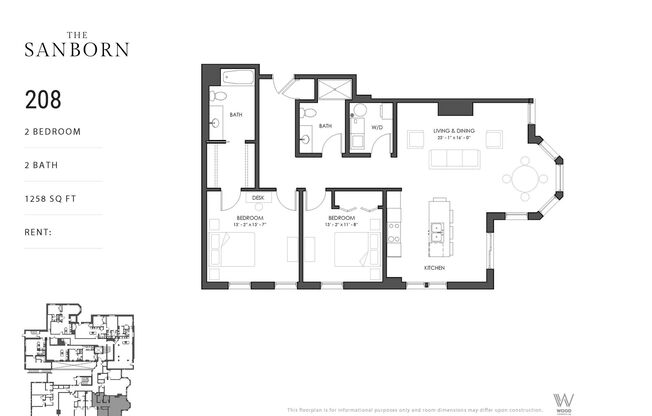 2 beds, 2 baths, 1,258 sqft, $2,695, Unit 208