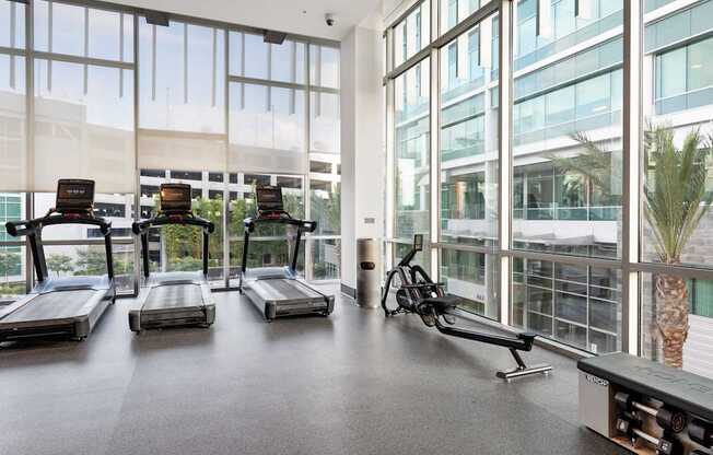 A gym with treadmills, exercise bikes and a rowing machine.