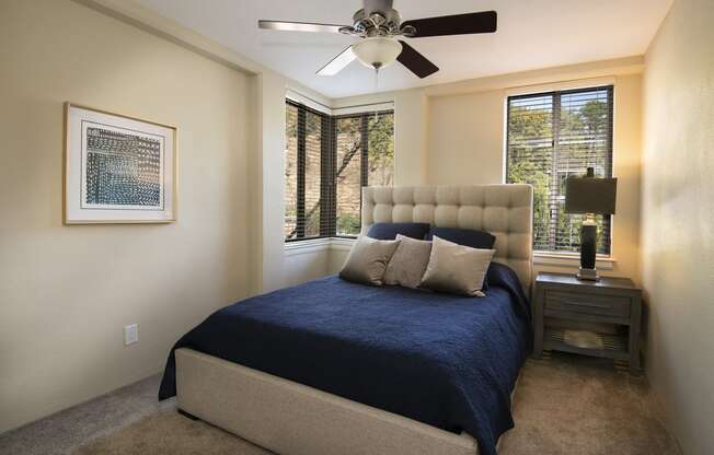 a bedroom with a bed and a ceiling fan