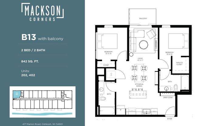2 beds, 2 baths, 842 sqft, $2,050, Unit 402