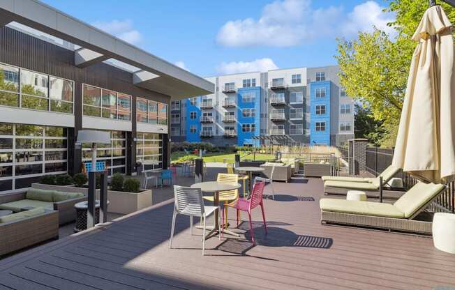 a rendering of a rooftop patio with tables and chairs at Bakery Living, Pittsburgh, PA