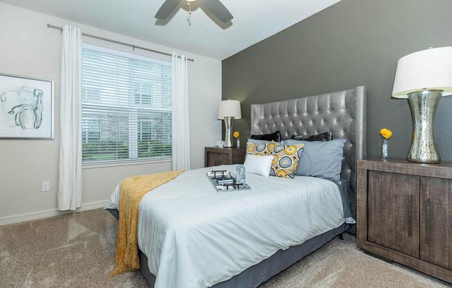 a bedroom with a bed in a room