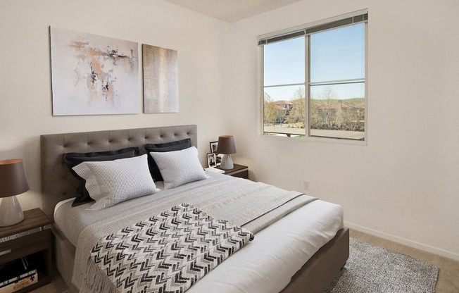 a bedroom with a large bed and a large window  at Seville at Gale Ranch, California, 94582