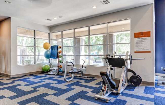 A gym with a blue and white checkered floor and exercise equipment.