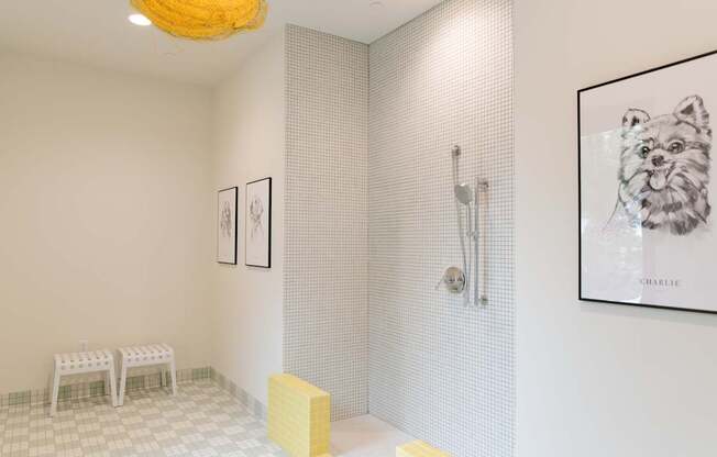 Dog wash station with a white tiled floor and a yellow hanging light fixture.