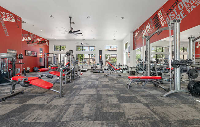 A gym with a variety of equipment including weights and benches.
