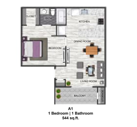 1 bed, 1 bath, 544 sqft, $734