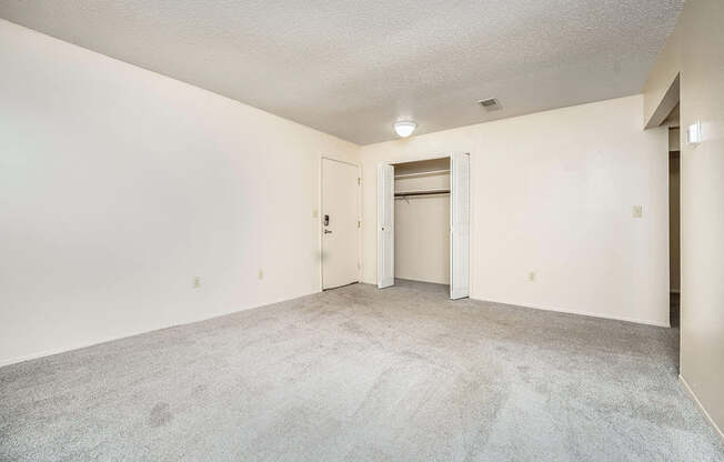 A living room with a carpeted floor and a closet at Seville Apartments, Michigan