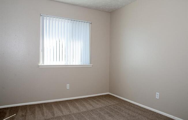 an empty room with a window and carpet