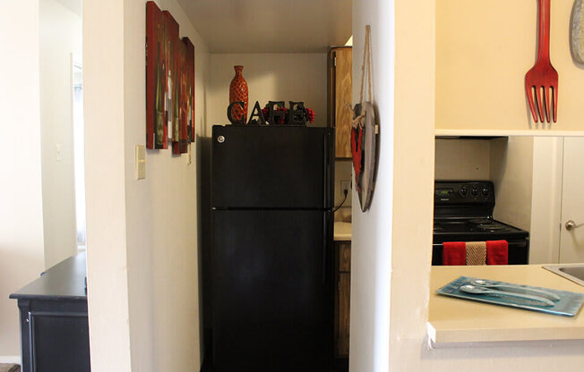 a black refrigerator freezer sitting inside of a kitchen