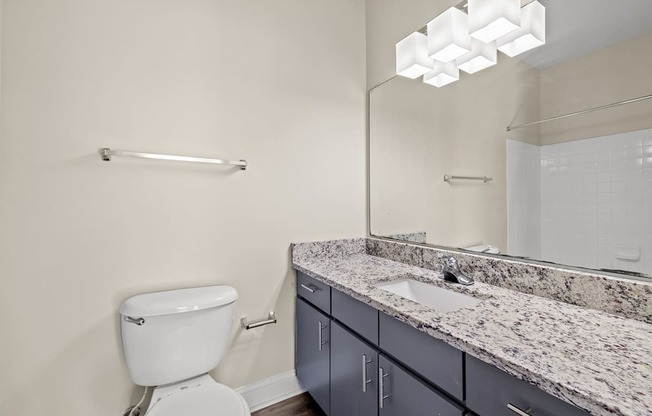 A bathroom with a toilet, sink, and mirror.