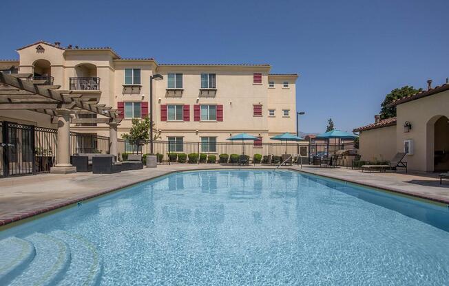 a pool next to a building