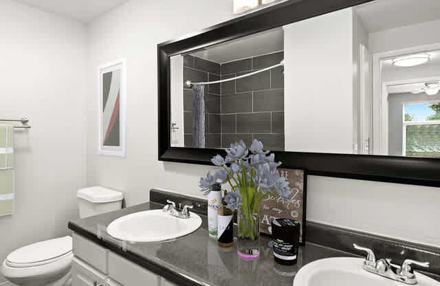 A bathroom with a black countertop and a white toilet.