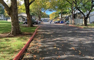 a street with trees on both sides and a red curb at Ridgecrest Timbers Apartments, Portland, OR 97203