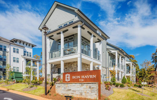 Main entrance sign to Bon Haven Apartments in Spartanburg, SC surrounded by beautiful landscaping