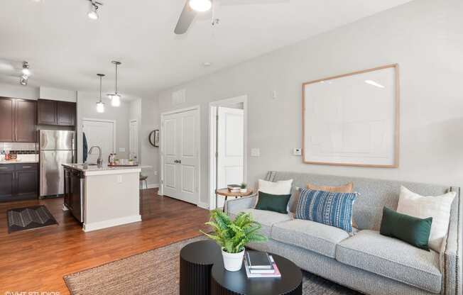 a living room with a couch and a table