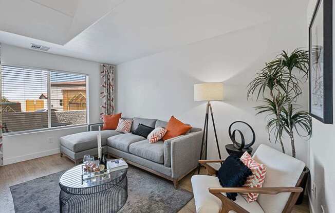 A living room with a grey couch, a coffee table, and a lamp.