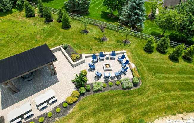 A backyard with a patio and a fire pit.