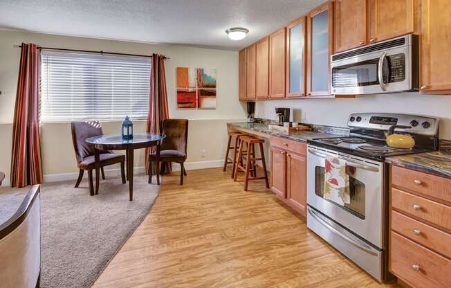 City View large kitchen space with stainless steel appliances