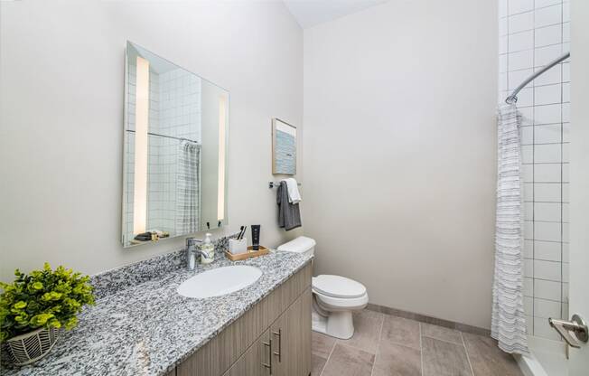 a bathroom with a sink and a toilet and a shower at The Baxly, Savannah, 31401