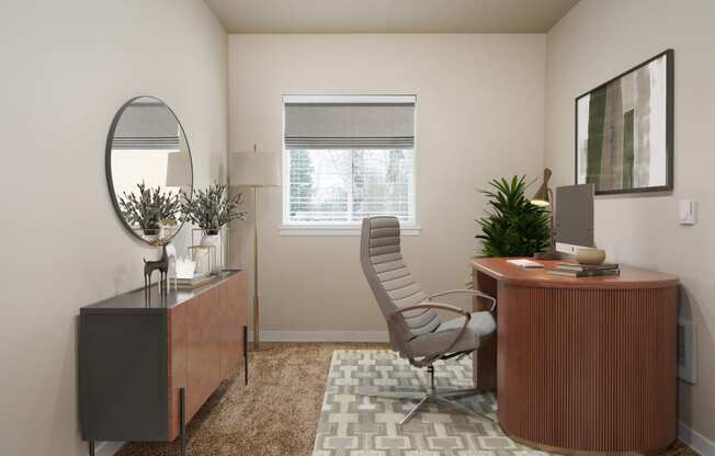 an office with a desk and a chair and a window