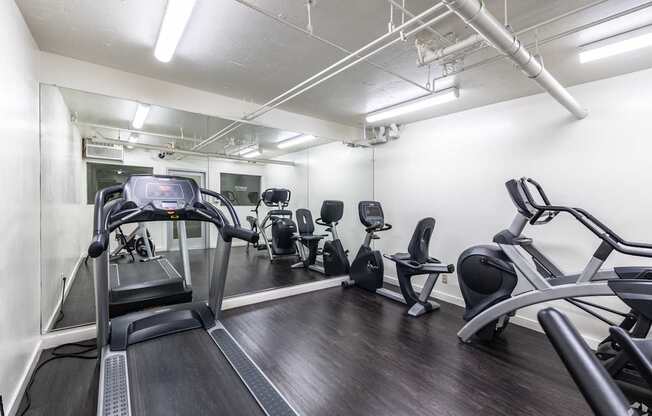 A gym with treadmills, exercise bikes, and other equipment.