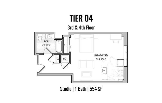 Studio, 1 bath, 554 sqft, $2,099, Unit 304