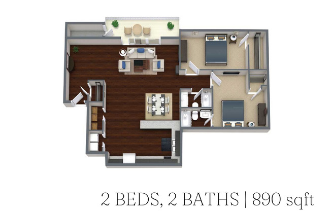 2 beds, 2 baths, 890 sqft, $1,361